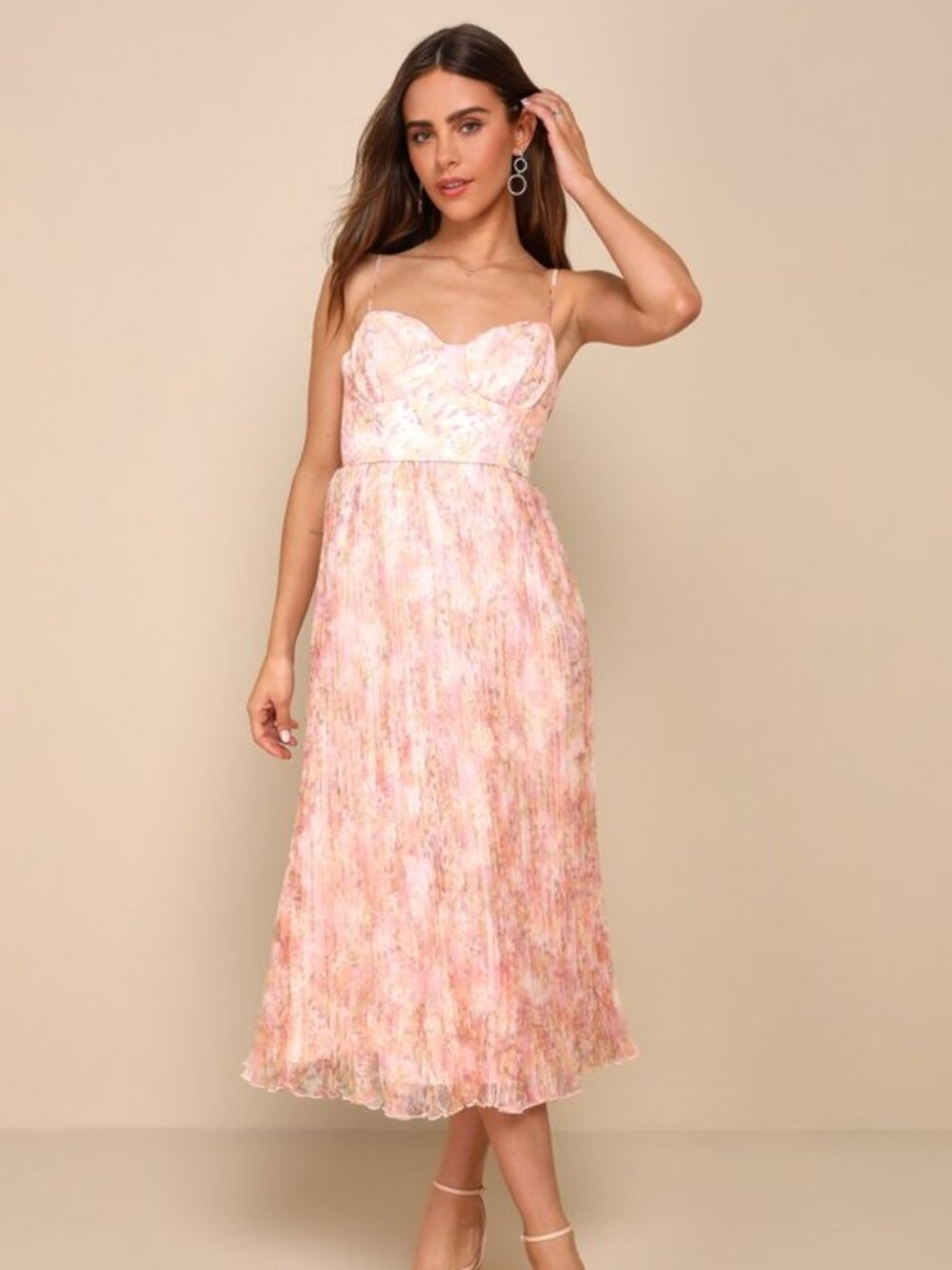 Lulus Finest Endeavor Blush Pink Floral Pleated Bustier Midi Dress - Size L